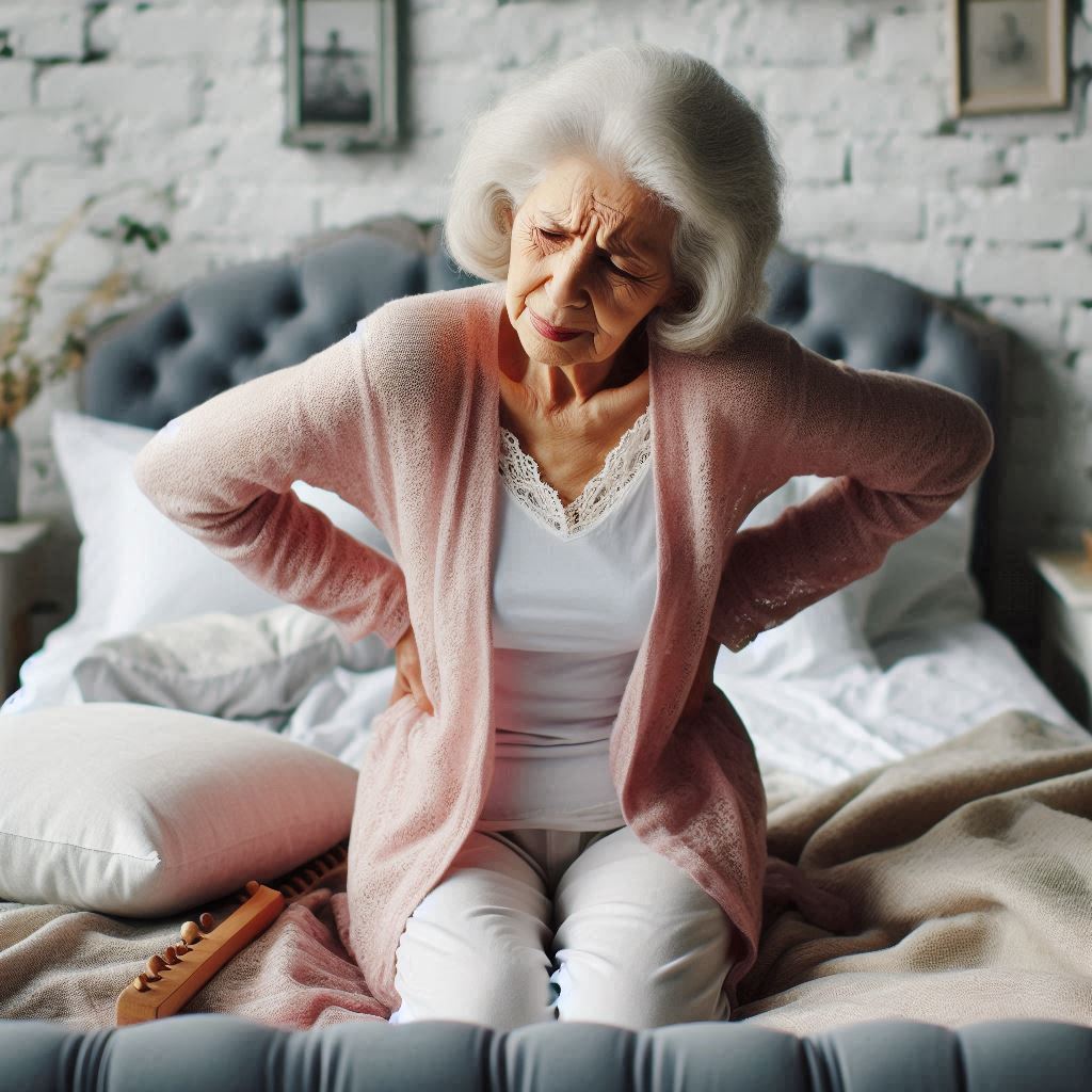 Seniorin mit Rückenschmerzen beim Aufstehen